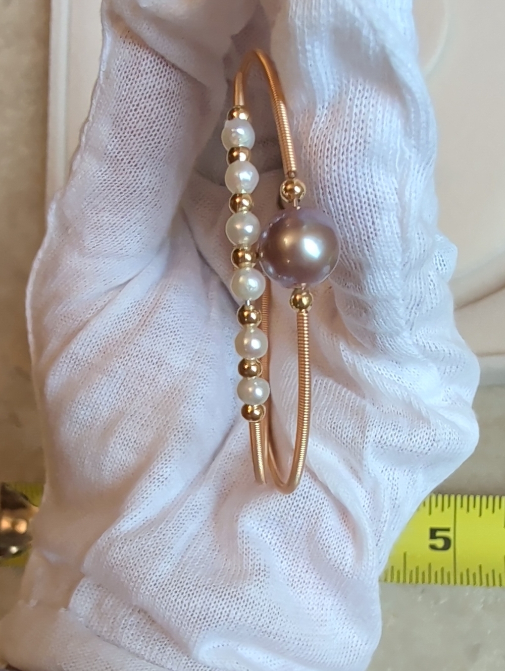 Genuine Pearl Accent Bangle Bracelet - Gold and White Pearls